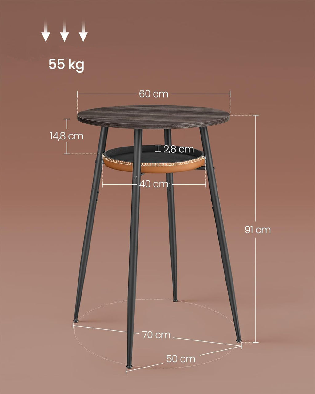 VASAGLE Masa de bar maro, 70x70x91 cm – design elegant cu piele artificiala, blat 60 cm, stabila si usor de asamblat