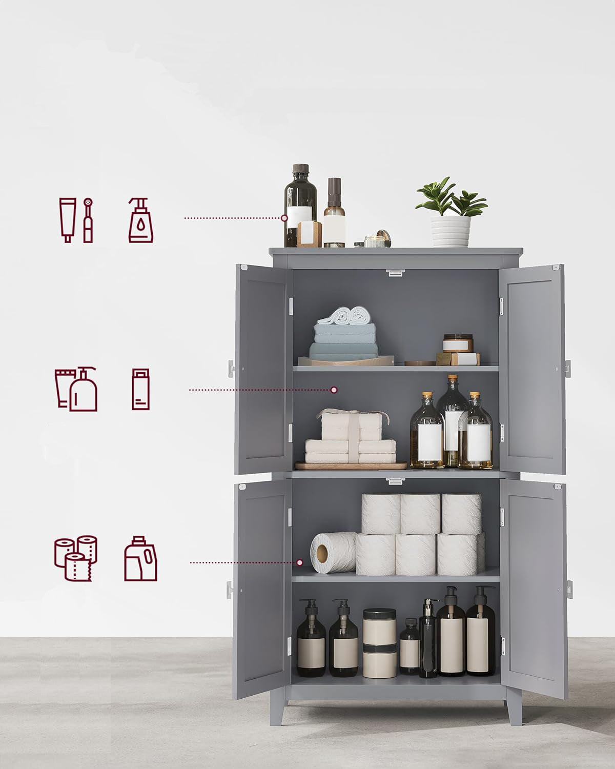 VASAGLE Dulap de baie, din MDF, cu 2 compartimente si 4 usi, rafturi reglabile, 30x60x110cm, gri