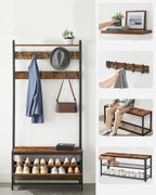 VASAGLE Cuier cu dulap de depozitare pantofi, cadru din otel, stil industrial, 32x85x180cm, maro rustic