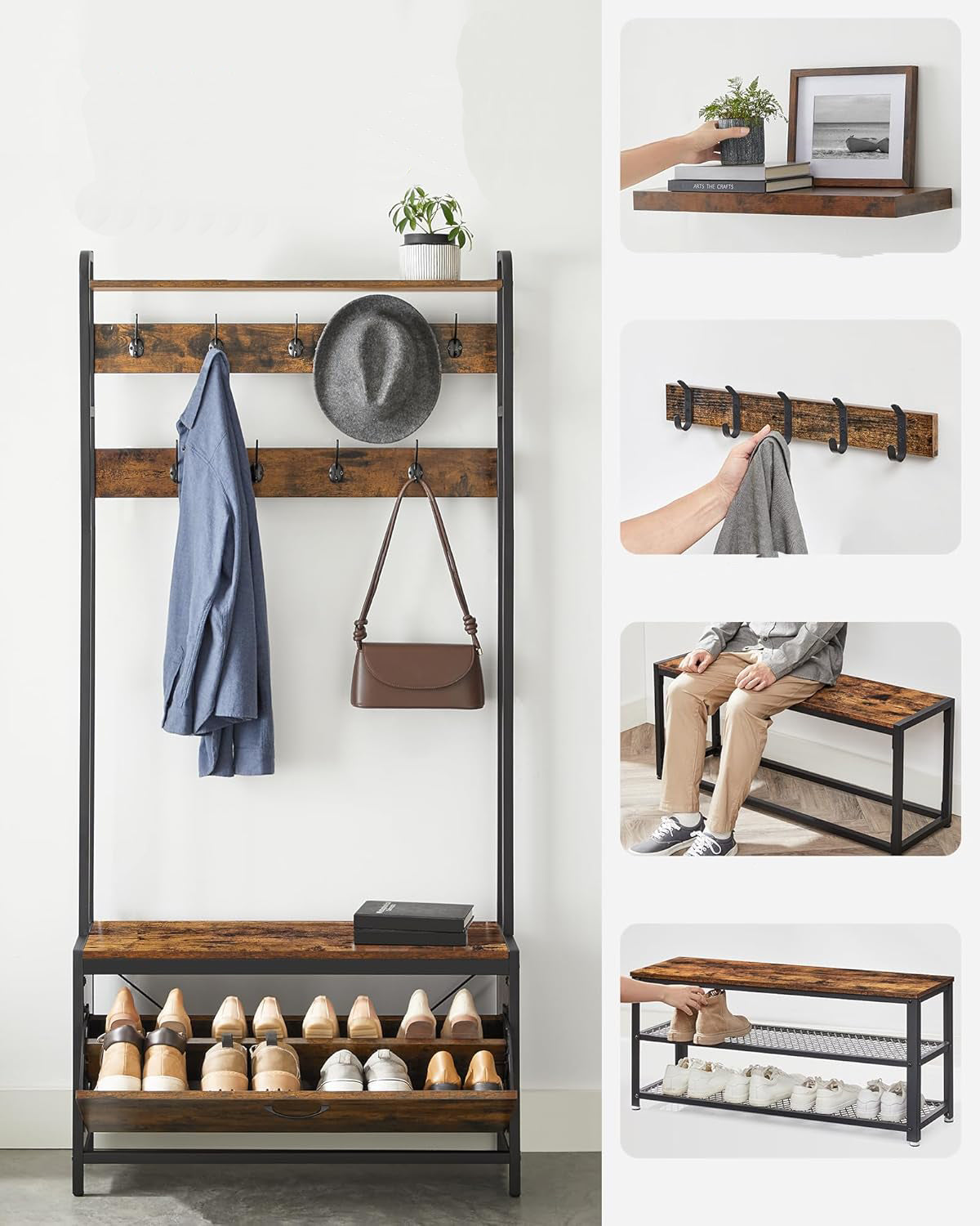 VASAGLE Cuier cu dulap de depozitare pantofi, cadru din otel, stil industrial, 32x85x180cm, maro rustic