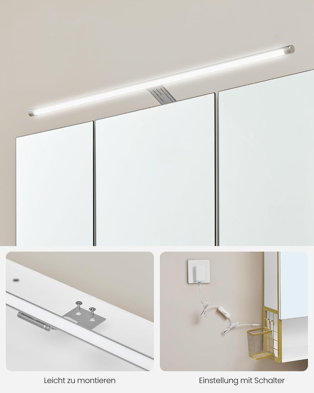 VASAGLE Dulap de baie de perete, 3 usi cu oglinda, compartiment deschis, 15x70x70 cm, alb auriu