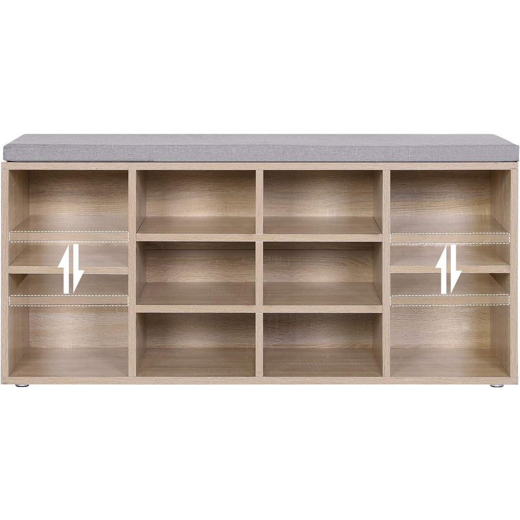 VASAGLE Banca pentru hol cu suport pentru pantofi, 10 compartimente, cu perna, 104x48x30cm, stejar