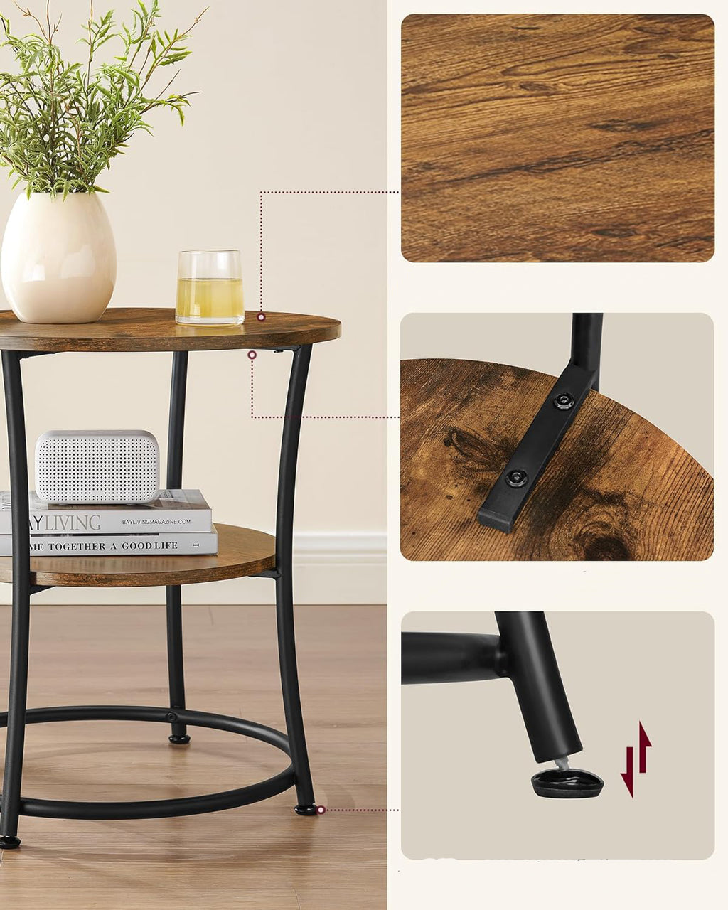 VASAGLE Masuta laterala rotunda, tip noptiera, cu 2 rafturi, cadru de otel, 55x55cm, maro rustic