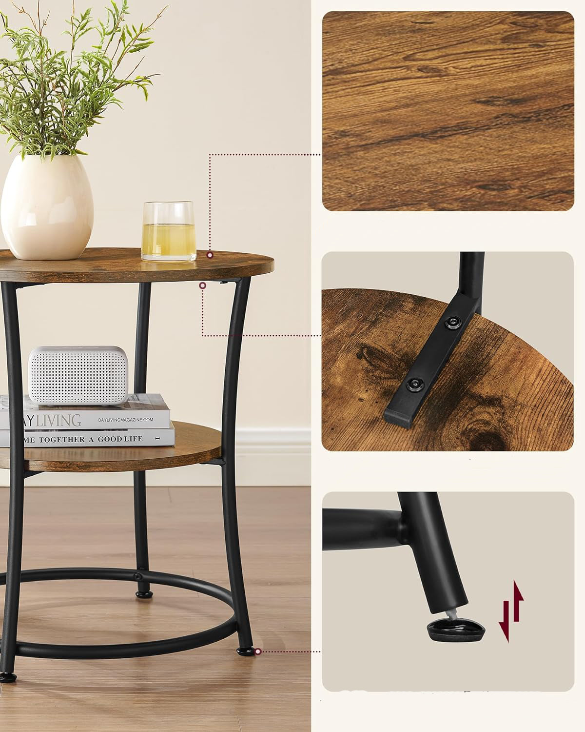 VASAGLE Masuta laterala rotunda, tip noptiera, cu 2 rafturi, cadru de otel, 55x55cm, maro rustic