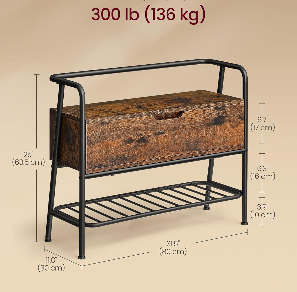 VASAGLE Pantofar cu banca de depozitare, raft si sertar, stil industrial, 30x80x64 cm, maro rustic