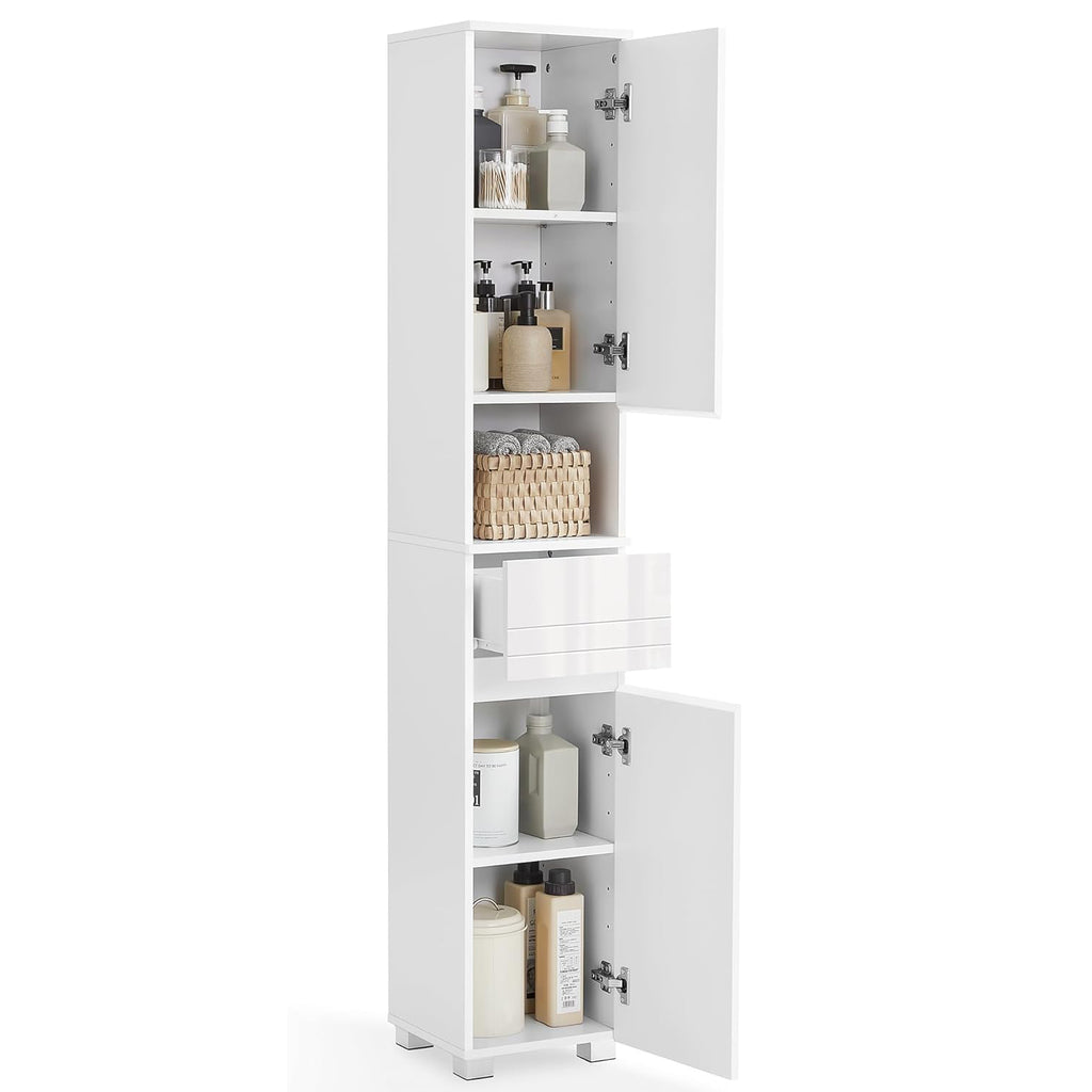 VASAGLE Dulap de baie tip coloana, din MDF, cu sertar si 2 usi, 30x30x170cm, alb