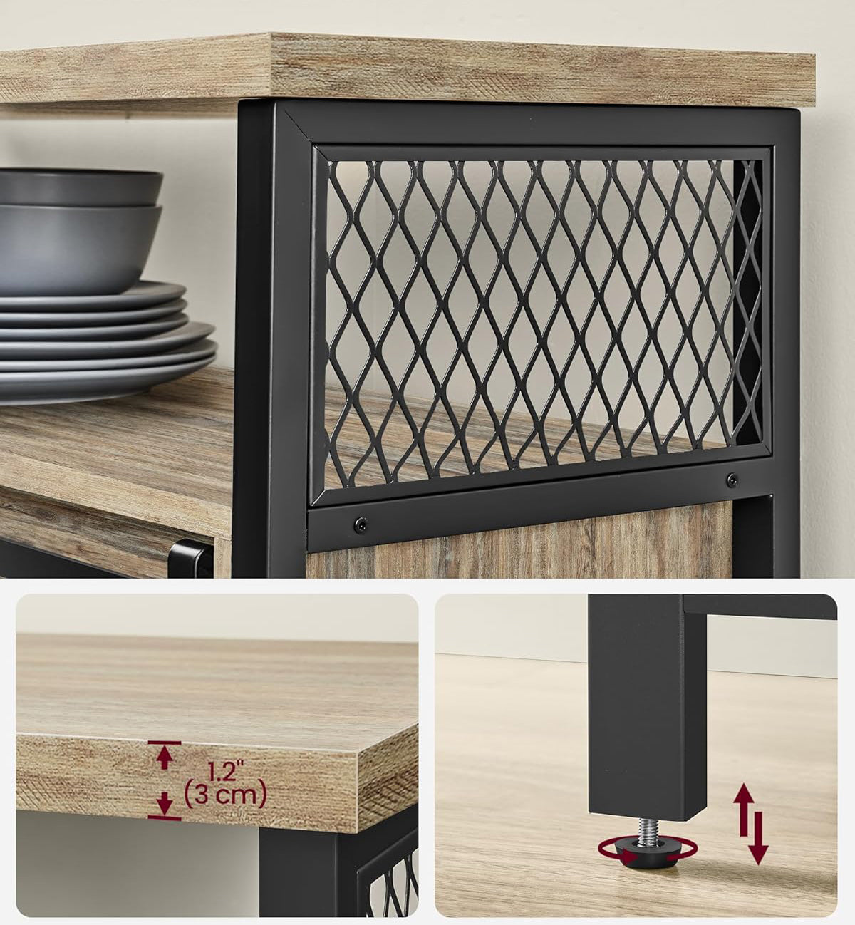 VASAGLE Comoda pentru living sau bucatarie, cu 2 usi glisante, rafturi reglabile, stil rustic, 33x100x80 cm, maro natur