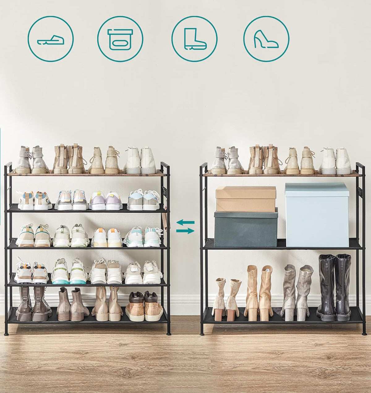 SONGMICS Raft de depozitare pantofi, metalic, 5 nivele din tesatura oxford, pentru 20-25 perechi, 29x89x93cm, maro rustic si negru