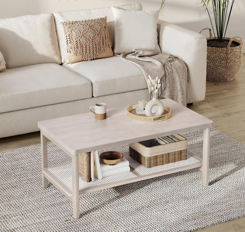 VASAGLE Masuta de cafea, din MDF, cu spatiu de depozitare pe 2 nivele, 55x100x45 cm, stil boho, bej