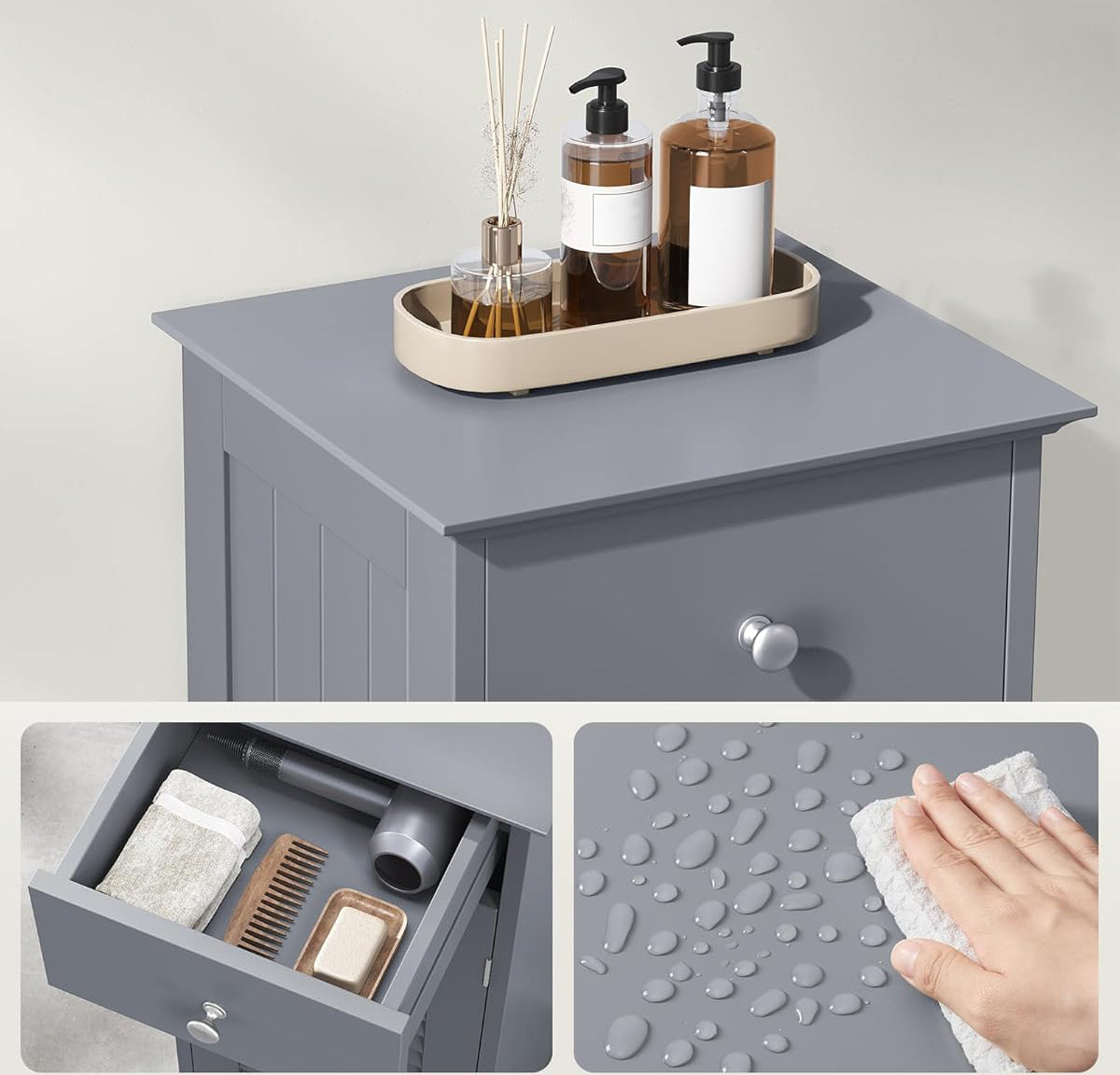 VASAGLE Dulap de depozitare de podea pentru baie, din lemn cu sertar, usa cu lamele, 32x30x87cm, gri