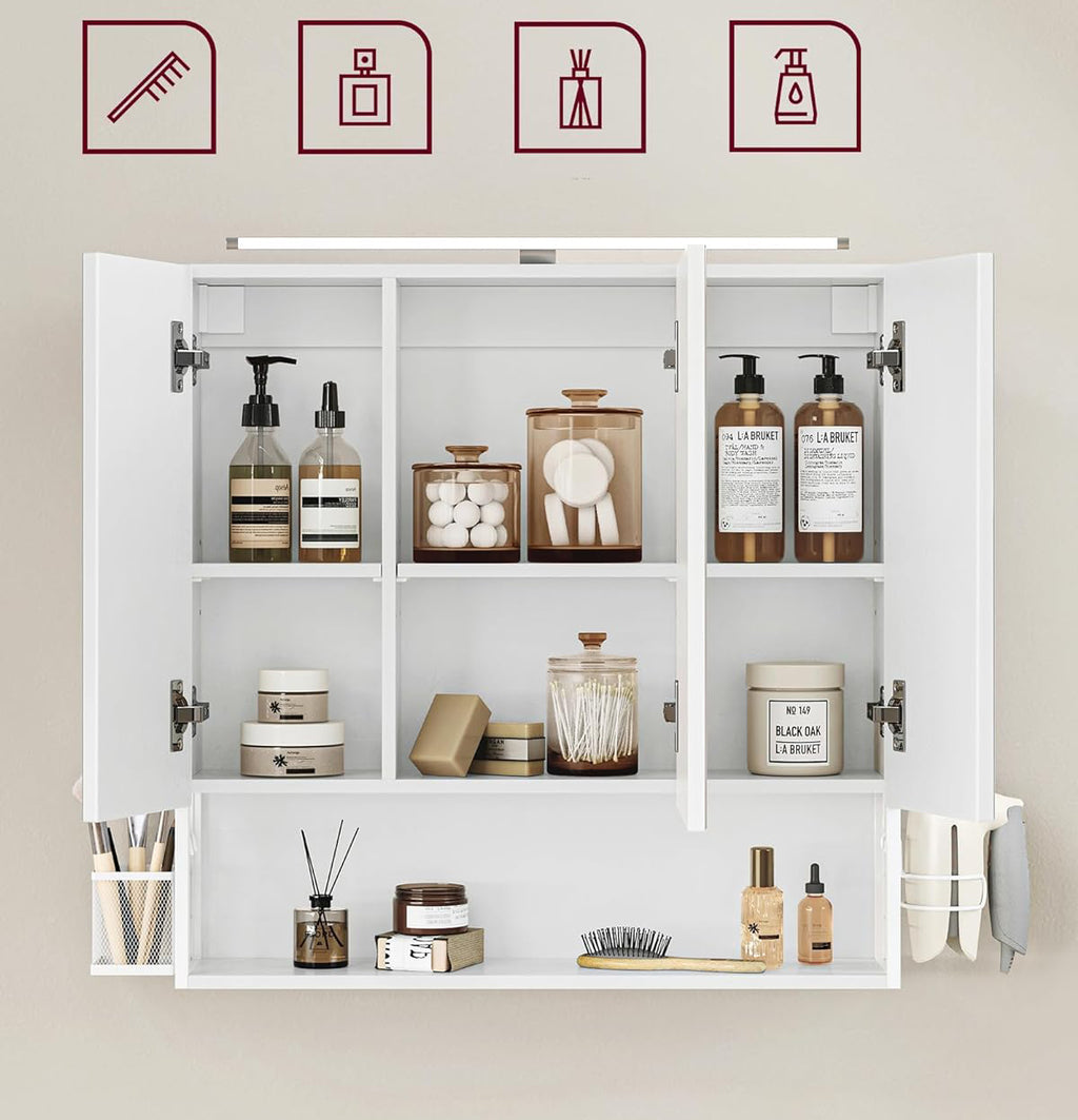 VASAGLE Dulap de baie de perete, 3 usi cu oglinda, compartiment deschis, 15x70x70cm, alb