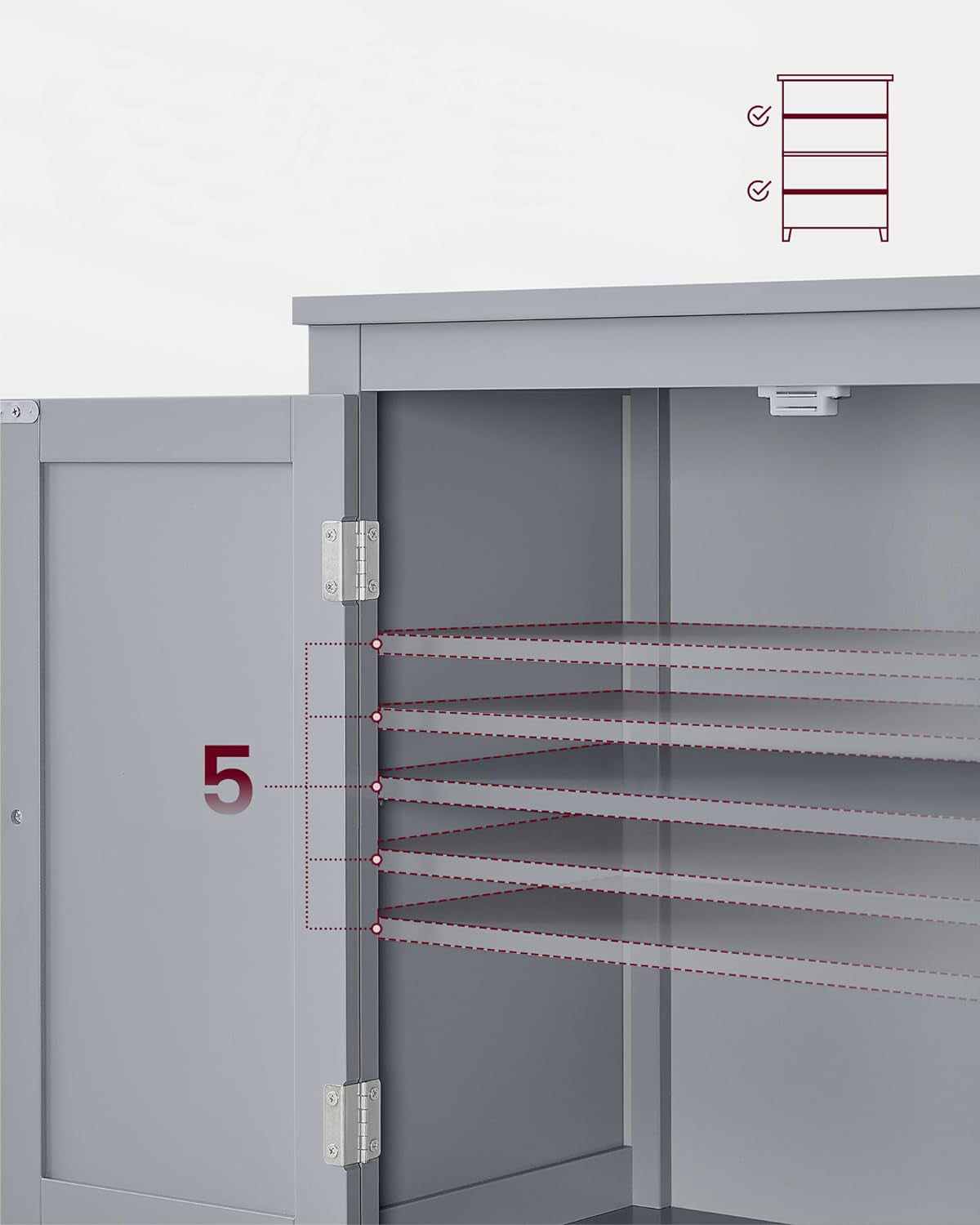 VASAGLE Dulap de baie, din MDF, cu 2 compartimente si 4 usi, rafturi reglabile, 30x60x110cm, gri