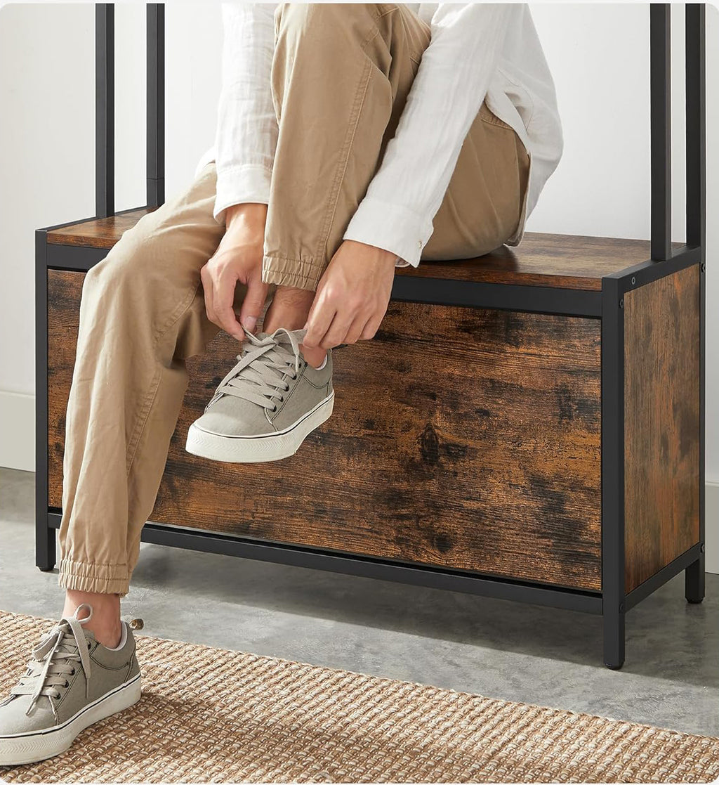 VASAGLE Cuier cu dulap de depozitare pantofi, cadru din otel, stil industrial, 32x85x180cm, maro rustic