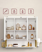 VASAGLE Dulap de baie de perete, 3 usi cu oglinda, compartiment deschis, 15x70x70 cm, alb auriu