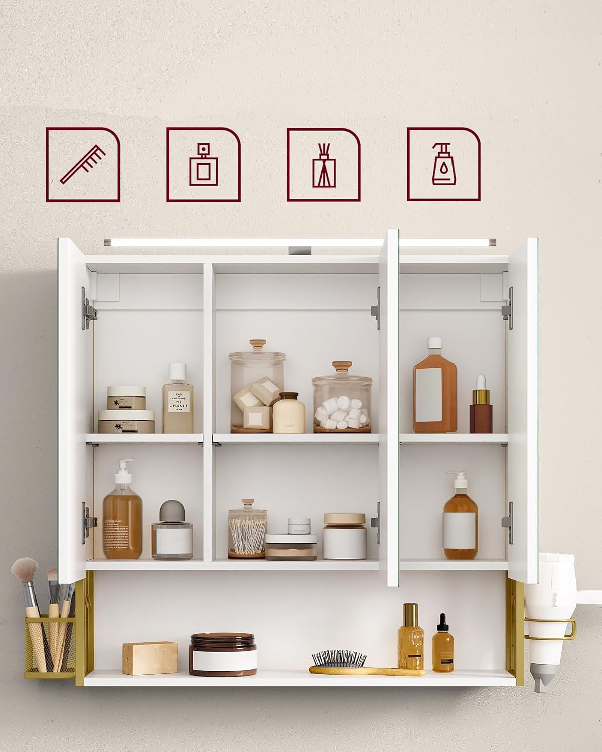 VASAGLE Dulap de baie de perete, 3 usi cu oglinda, compartiment deschis, 15x70x70 cm, alb auriu