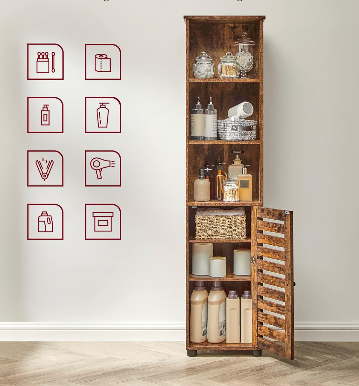 VASAGLE Dulap de baie, cu 3 compartimente deschise si spatiu de depozitare cu usa, 40x30x167cm, maro vintage