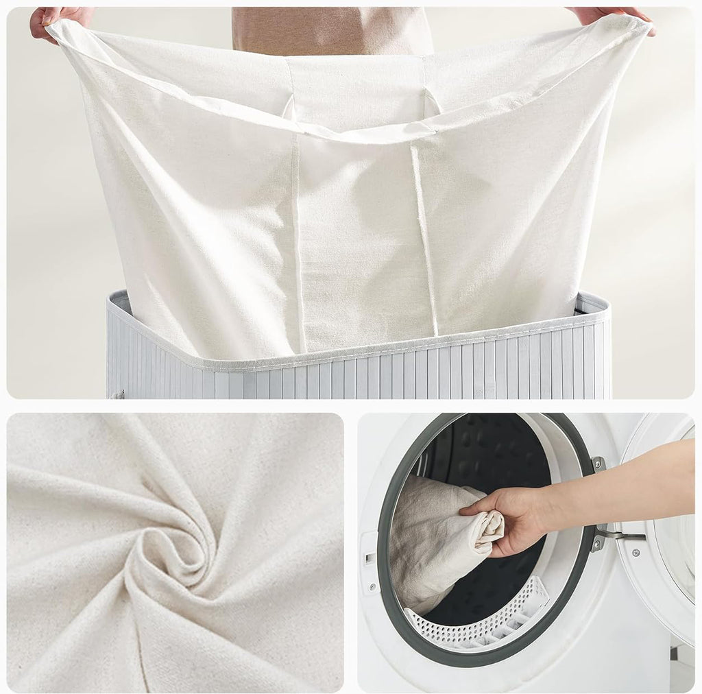 SONGMICS Cos de rufe din bambus, pliabil, cu captuseala detasabila lavabila, 3 compartimente, 150L, 60x40x62cm, gri