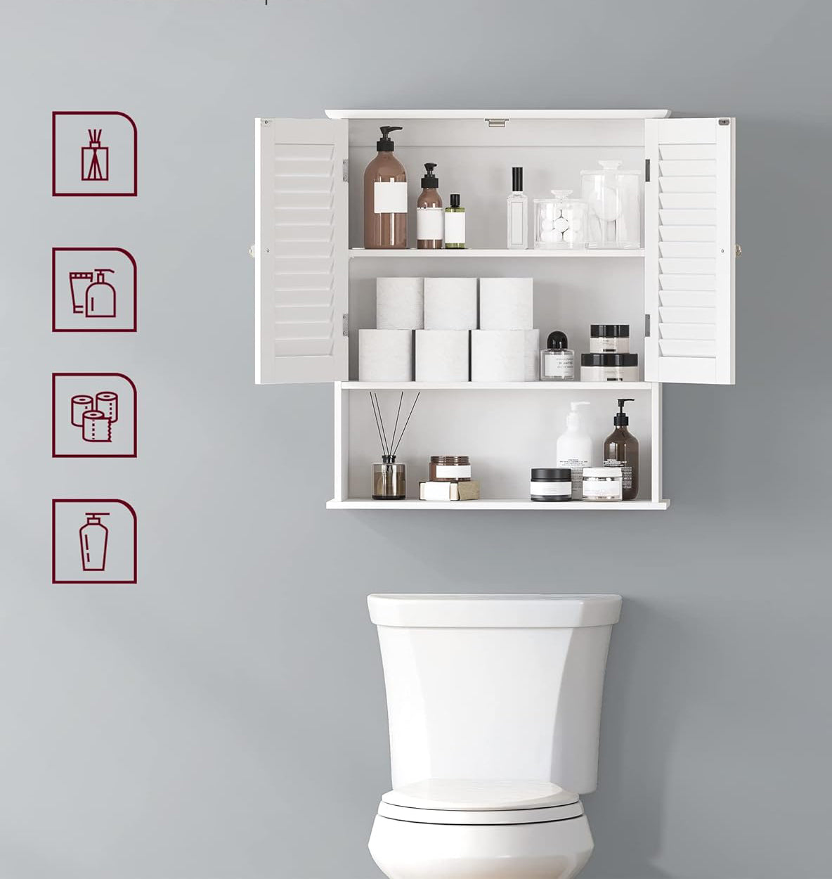 VASAGLE Dulap de perete pentru baie, cu raft reglabil si 2 usi, 20x60x70 cm, alb