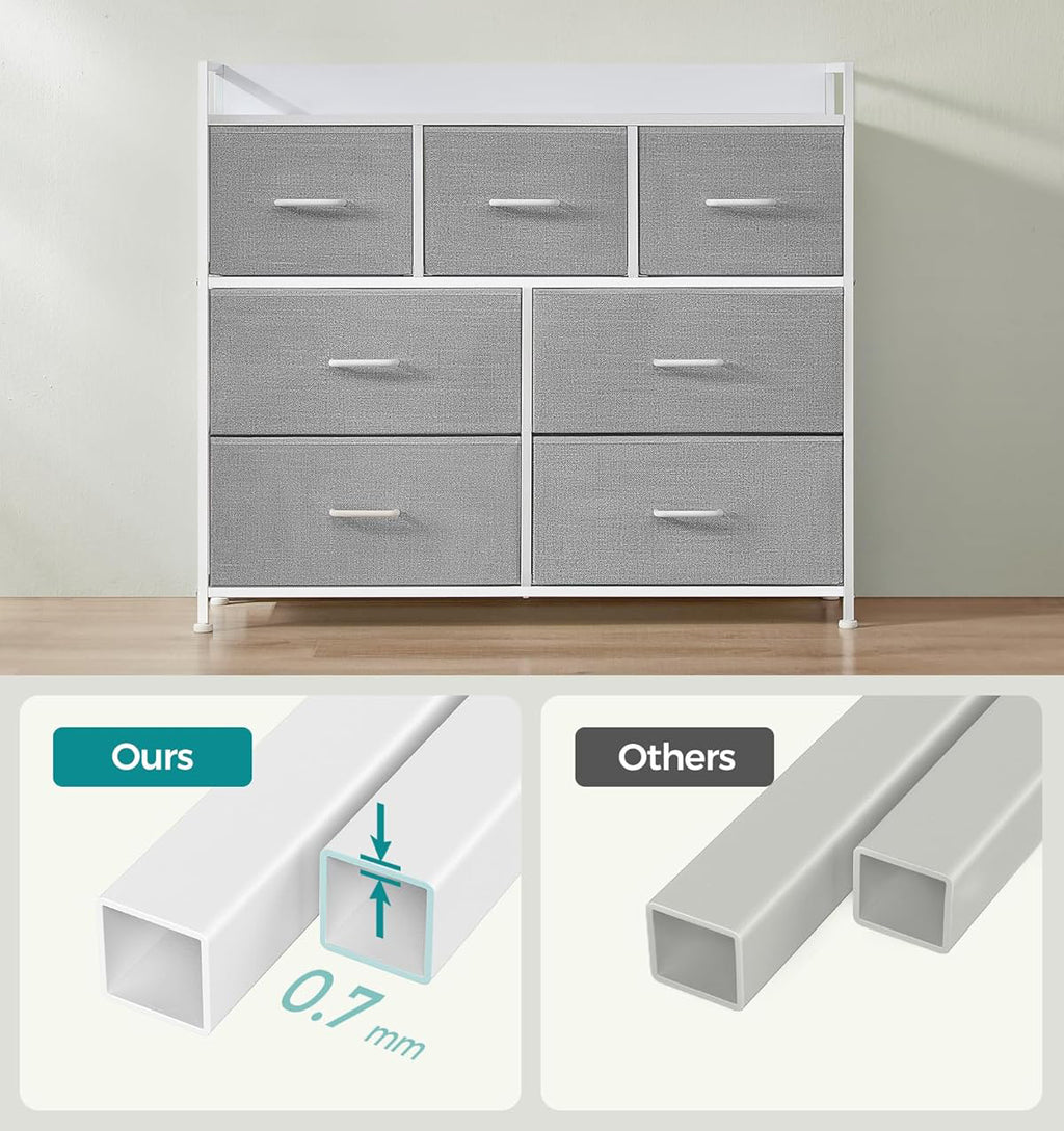 SONGMICS Comoda cu cadru metalic si 7 sertare din stofa, 29x98x85 cm , gri si alb