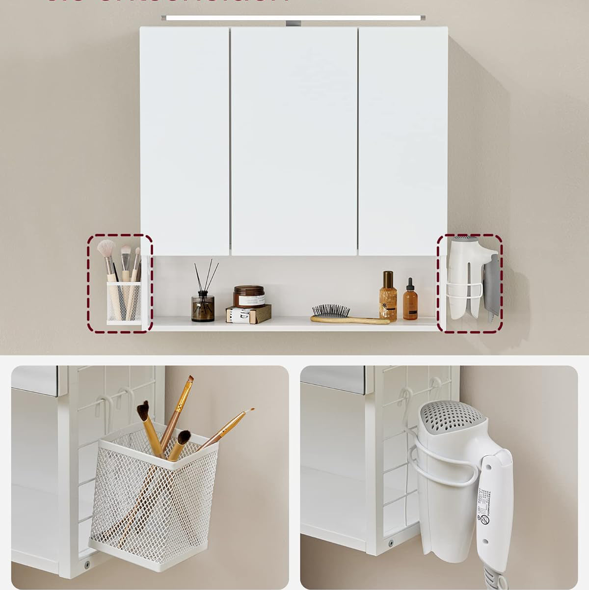 VASAGLE Dulap de baie de perete, 3 usi cu oglinda, compartiment deschis, 15x70x70cm, alb