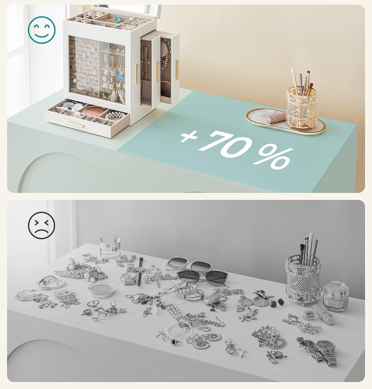 SONGMICS Cutie de bijuterii cu 3 sertare laterale, fereastra si oglinda mare, 16x26x32 cm, alb