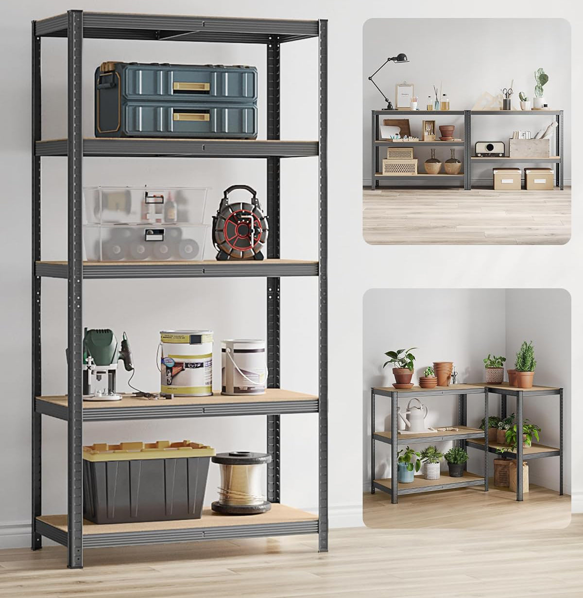 SONGMICS Raft de depozitare metalic, cu rafturi din MDF, 5 polite, max. 600 kg, 200x100x50cm, gri