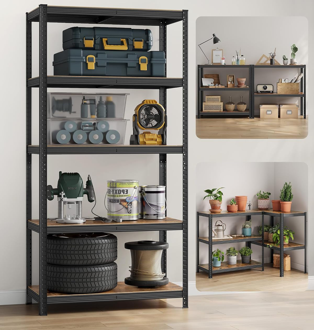 SONGMICS Raft de depozitare metalic, cu polite din PAL, 5 polite, max. 600 kg, 200x100x50cm, maro si negru