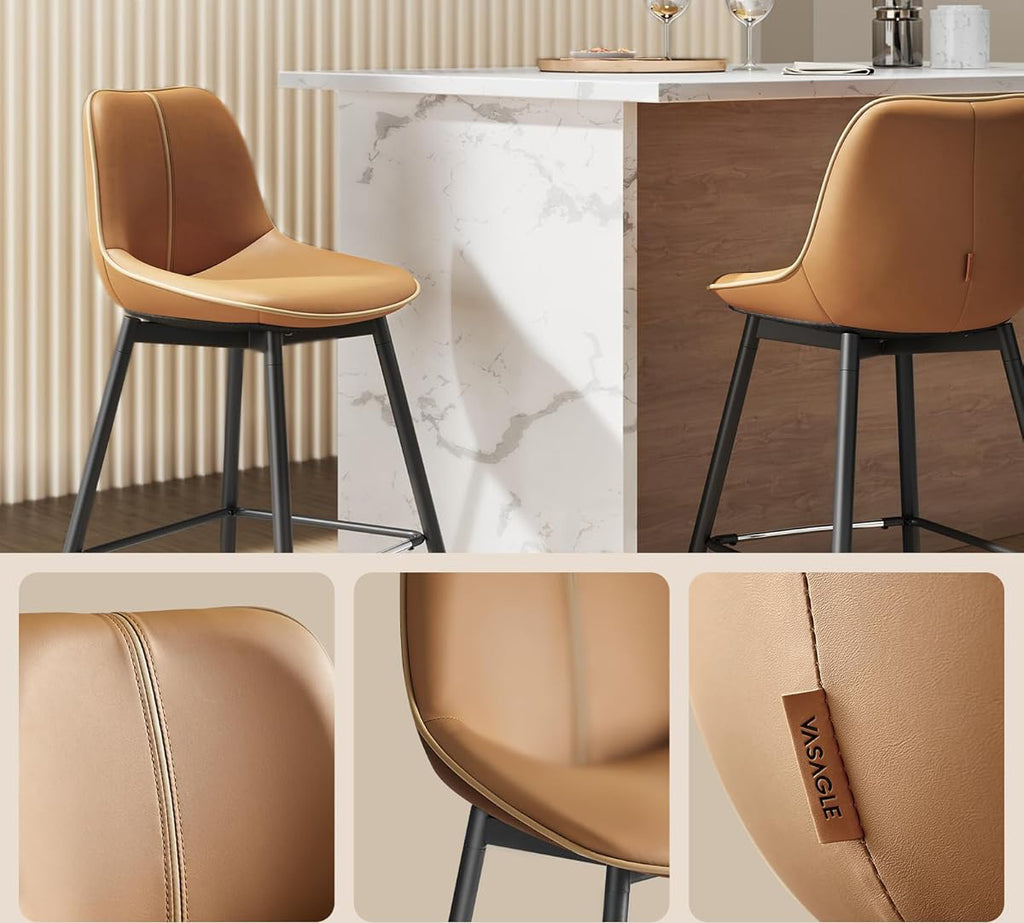 VASAGLE Set 2 scaune de bar, spatar ergonomic din piele ecologica, cadru metalic, 50x50x99 cm, maro caramel