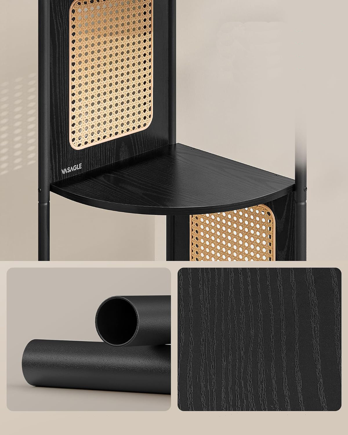 VASAGLE Raft de colt boho, cadru metalic, polite MDF si panouri poliratan, 32x32x156cm, negru