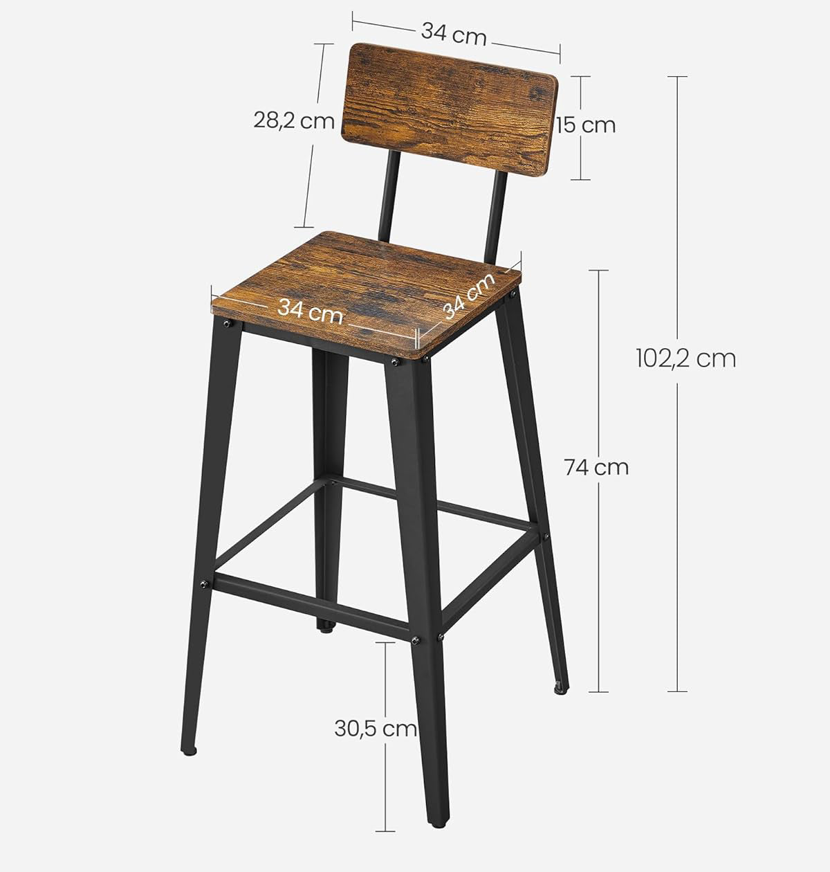 VASAGLE Set 2 scaune de bar, inalte cu spatar, industrial, 45x45x102cm, maro rustic si negru