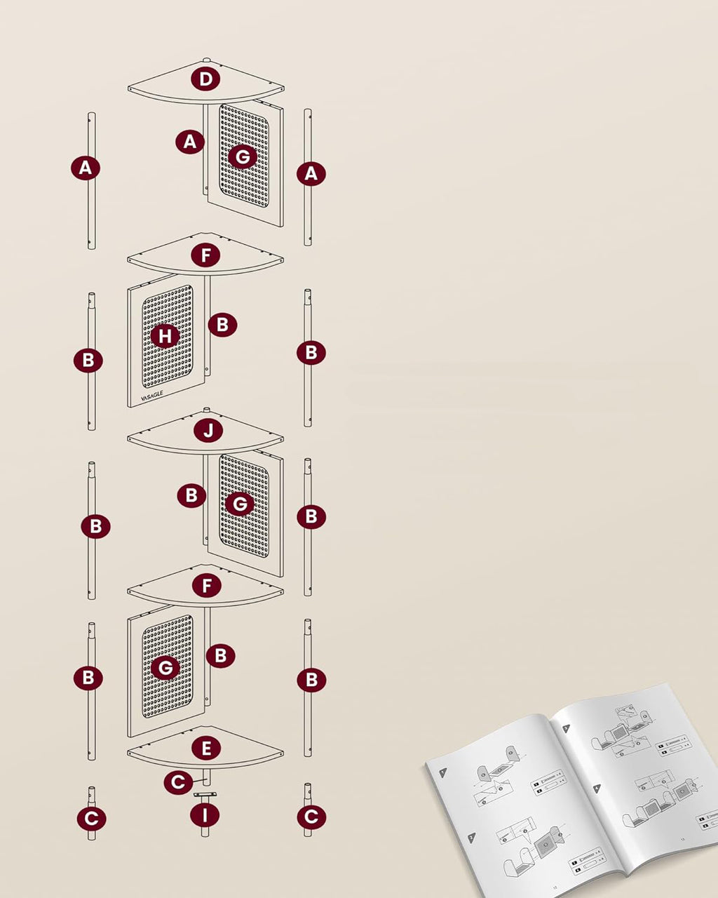 VASAGLE Raft de colt boho, cadru metalic, polite MDF si panouri poliratan, 32x32x156cm, bej