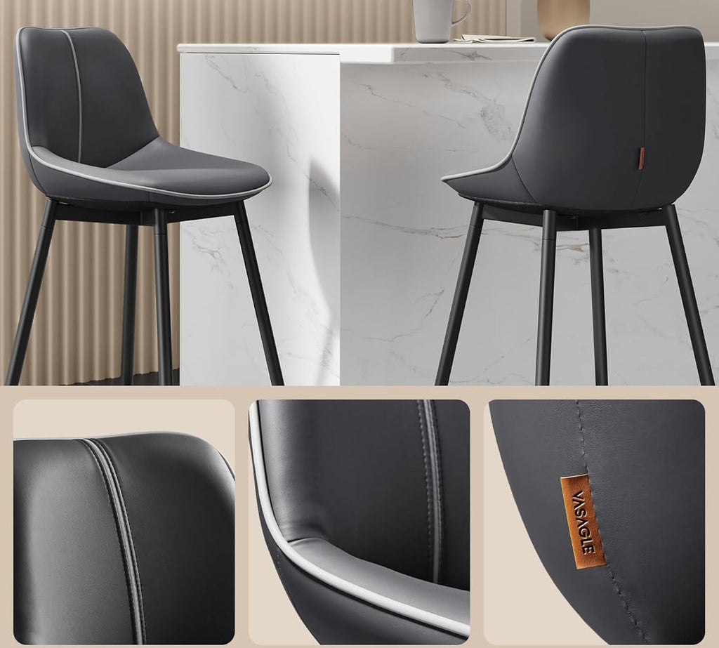VASAGLE Set 2 scaune de bar, spatar ergonomic din piele ecologica, cadru metalic, 50x50x99 cm, negru