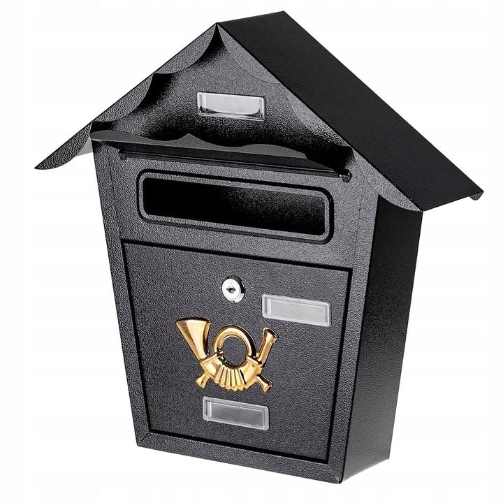 Cutie postala eleganta din metal negru, design clasic cu emblema aurie, rezistenta la intemperii, 38x38x10cm
