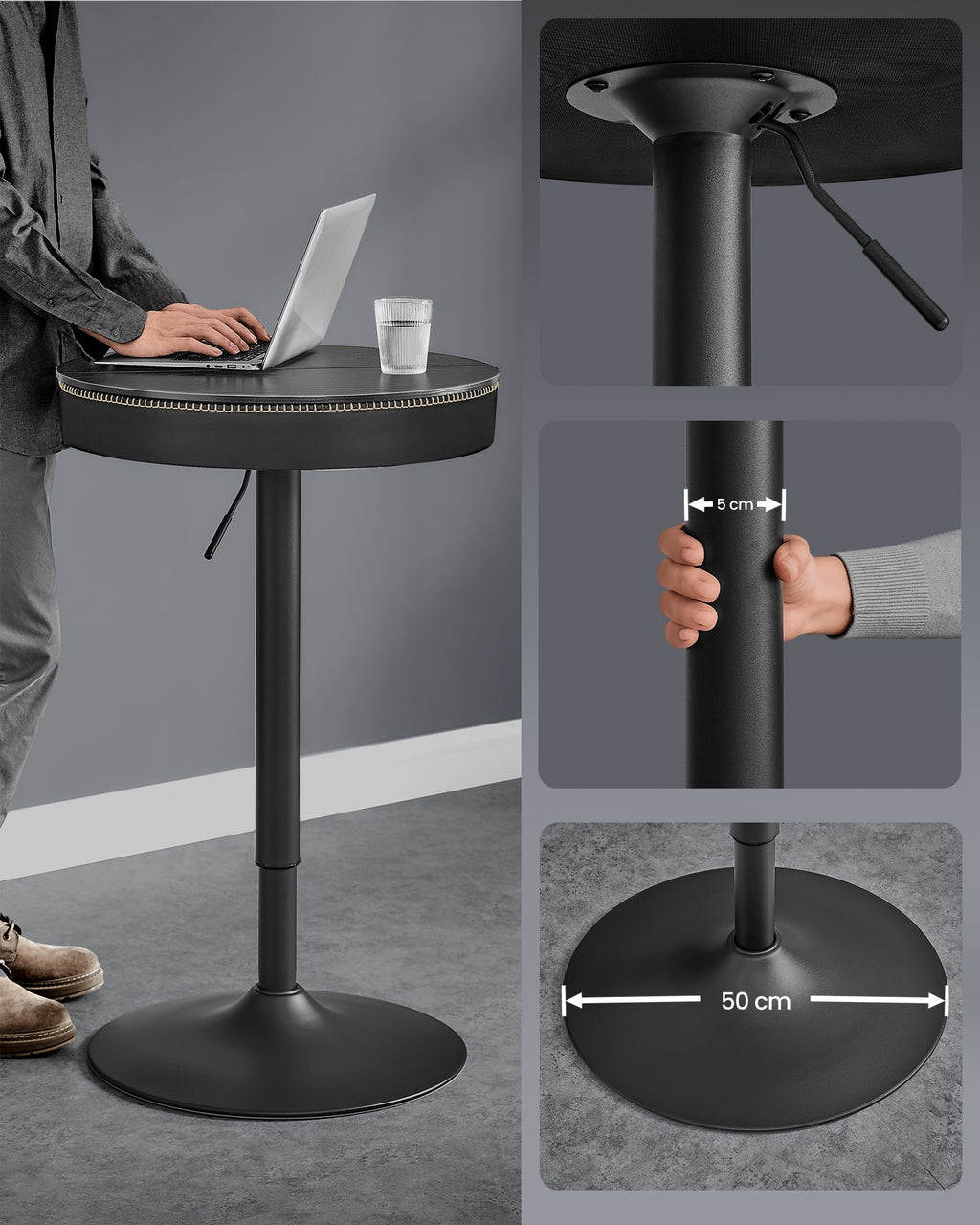 VASAGLE Masa de bar neagra, 59x59x(83-105) cm – inaltime reglabila, compartiment de depozitare