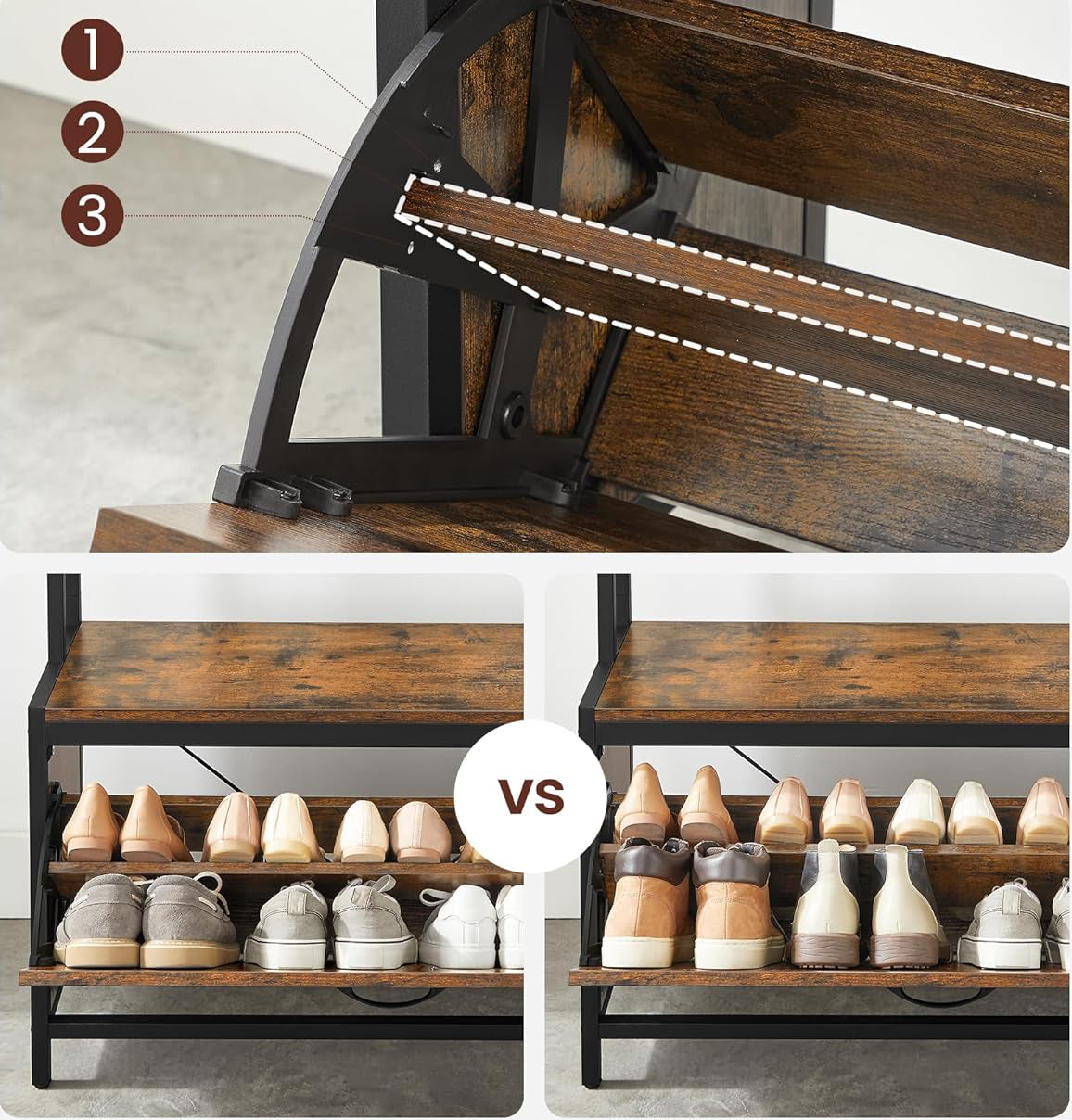 VASAGLE Cuier cu dulap de depozitare pantofi, cadru din otel, stil industrial, 32x85x180cm, maro rustic