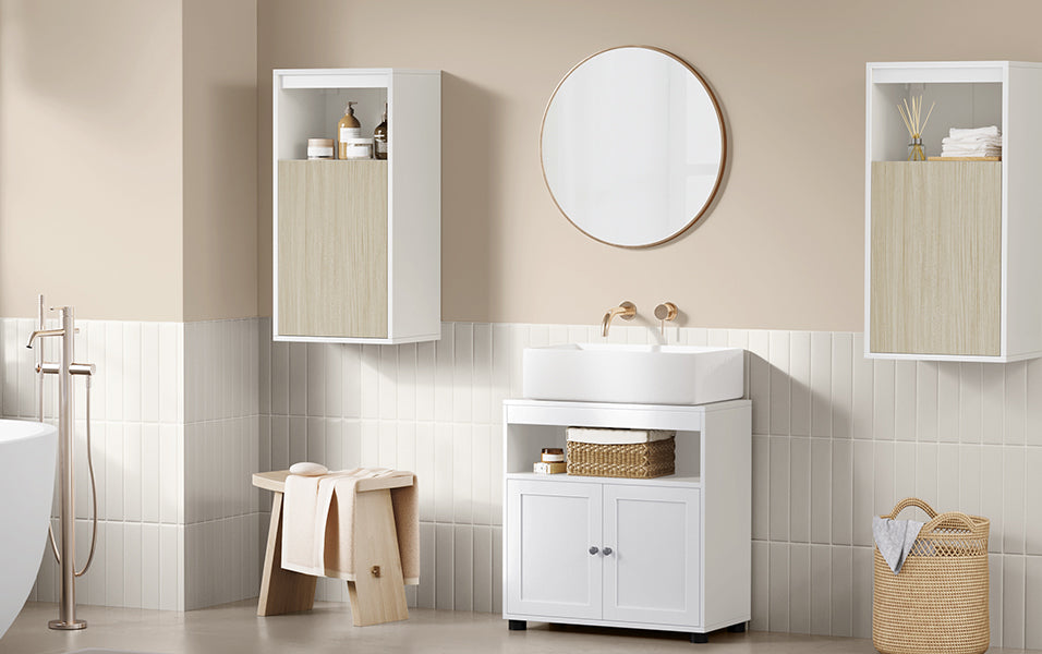 VASAGLE Dulap de baie de perete cu 3 polite, usa cu directie de deschidere reglabila, 30x40x80 cm, alb cu bej