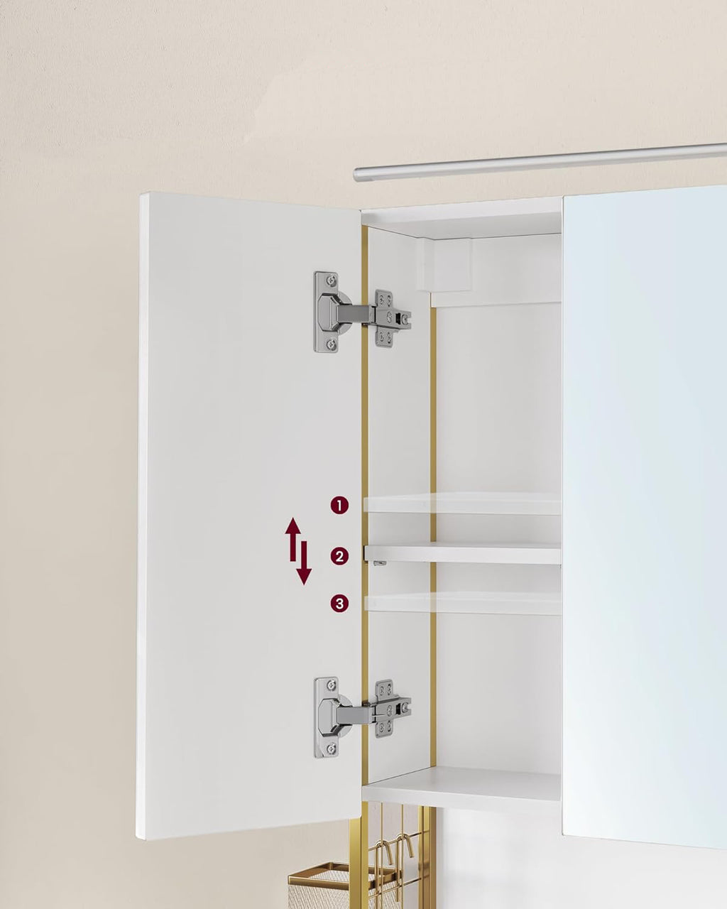 VASAGLE Dulap de baie de perete, 3 usi cu oglinda, compartiment deschis, 15x70x70 cm, alb auriu