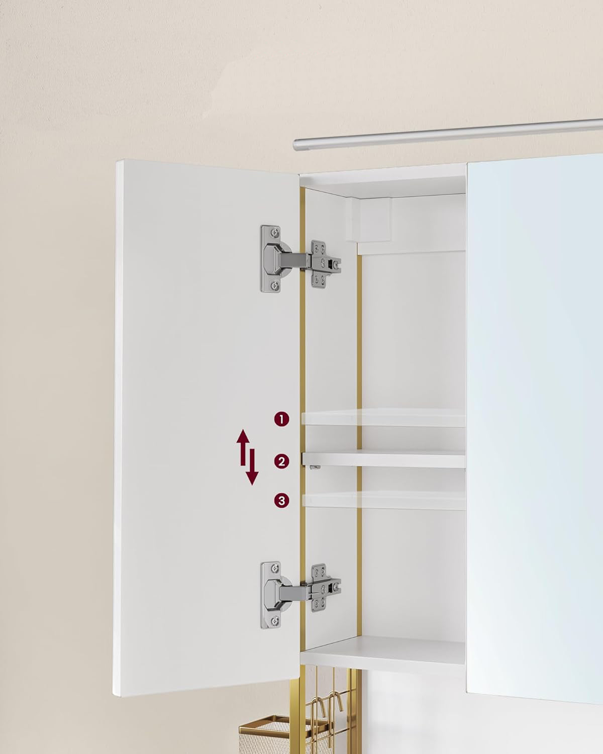 VASAGLE Dulap de baie de perete, 3 usi cu oglinda, compartiment deschis, 15x70x70 cm, alb auriu