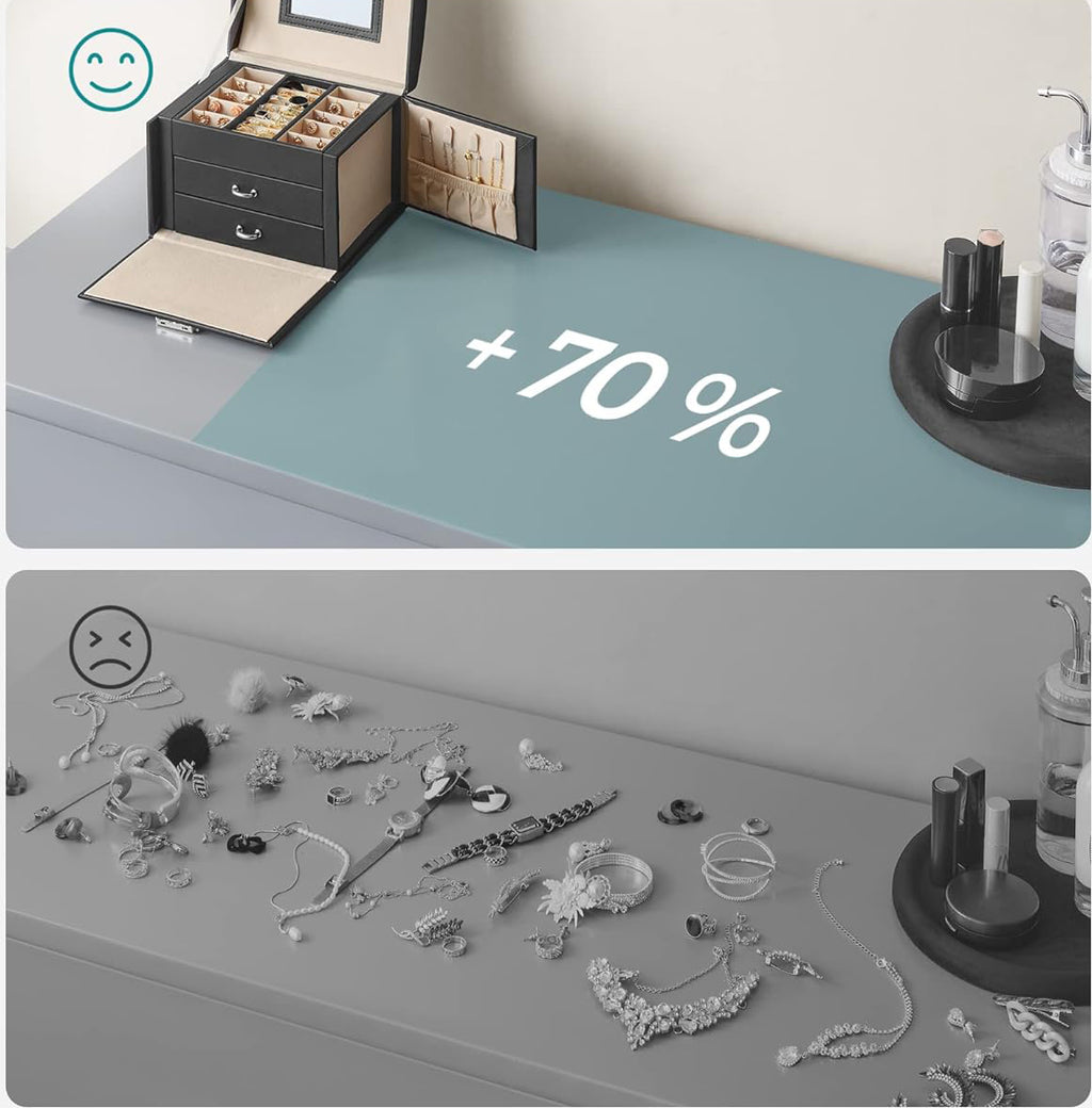 SONGMICS Cutie de bijuterii cu 3 nivele, 2 sertare, oglinda si incuietoare, 14x18x14cm, negru