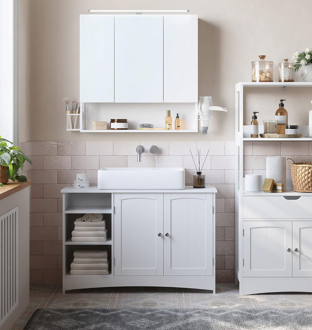 VASAGLE Dulap de baie de perete, 3 usi cu oglinda, compartiment deschis, 15x70x70cm, alb