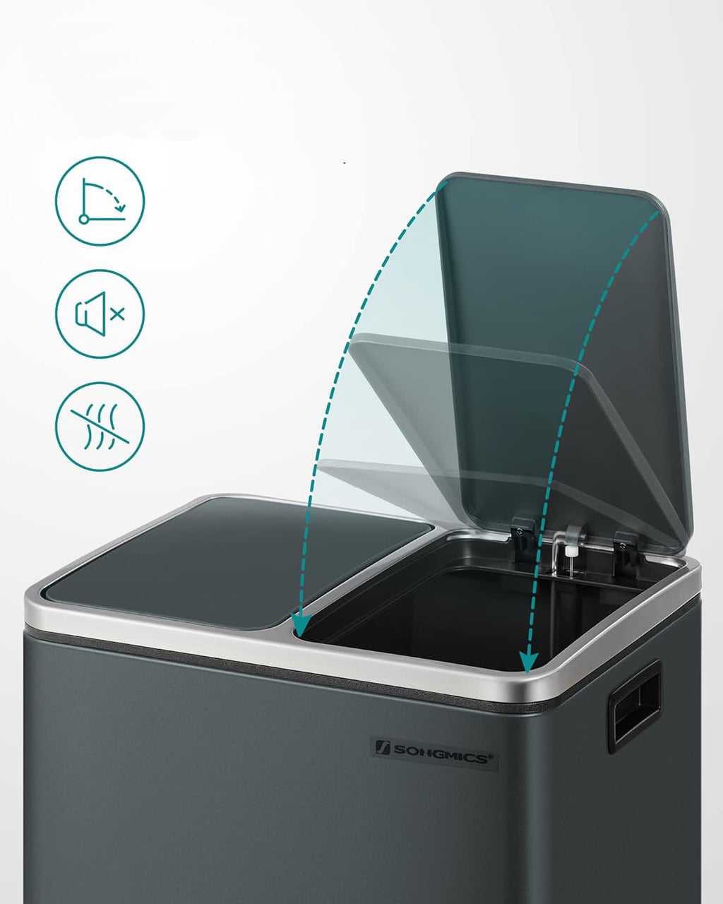 SONGMICS Cos de gunoi din inox cu 2 compartimente colectare selectiva, cu galeti interioare, 2x15litri, gri