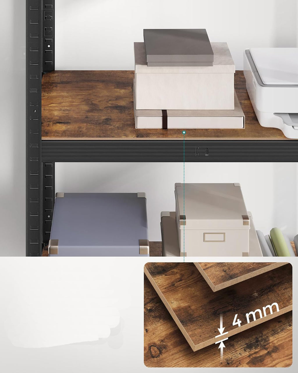 SONGMICS Raft de depozitare metalic, cu polite din PAL, 5 polite, max. 600 kg, 200x100x50cm, maro si negru
