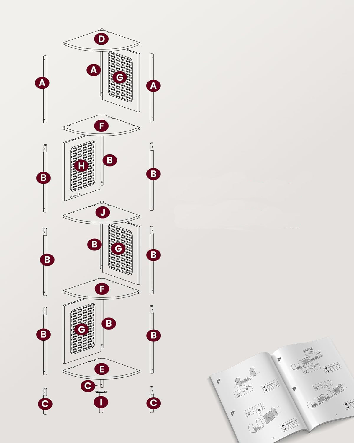 VASAGLE Raft de colt boho, cadru metalic, polite MDF si panouri poliratan, 32x32x156cm, alb