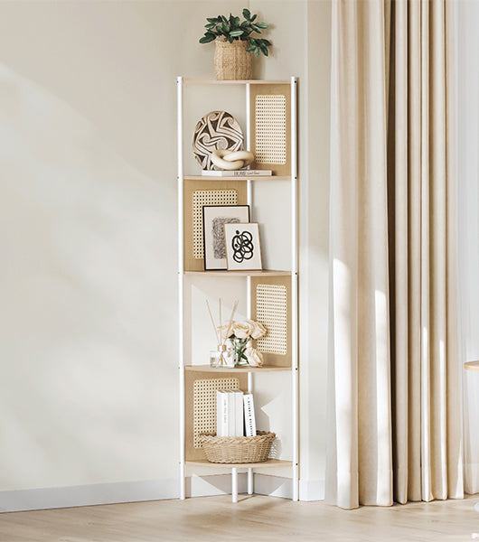 VASAGLE Raft de colt boho, cadru metalic, polite MDF si panouri poliratan, 32x32x156cm, bej