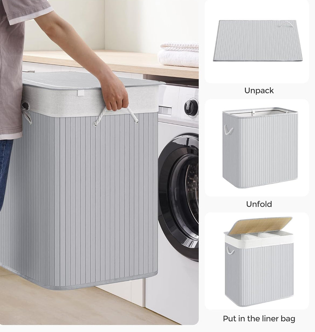 SONGMICS Cos de rufe din bambus, pliabil, cu captuseala detasabila lavabila, 3 compartimente, 150L, 60x40x62cm, gri