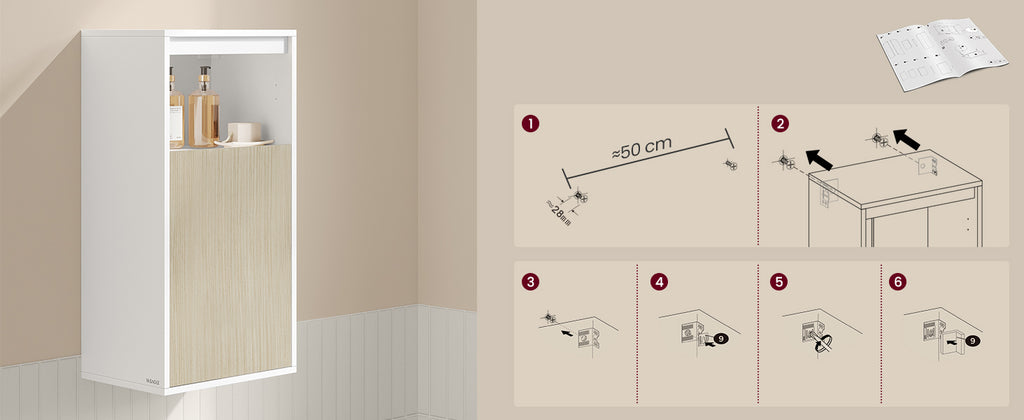 VASAGLE Dulap de baie de perete cu 3 polite, usa cu directie de deschidere reglabila, 30x40x80 cm, alb cu bej