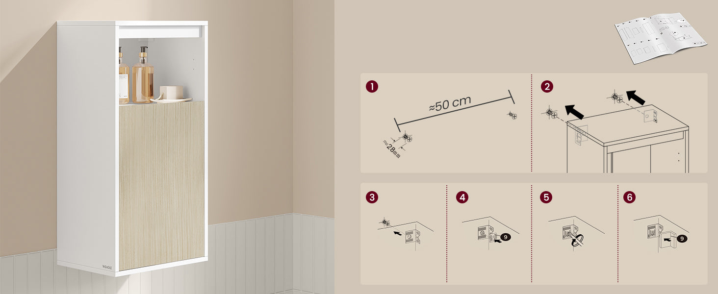 VASAGLE Dulap de baie de perete cu 3 polite, usa cu directie de deschidere reglabila, 30x40x80 cm, alb cu bej