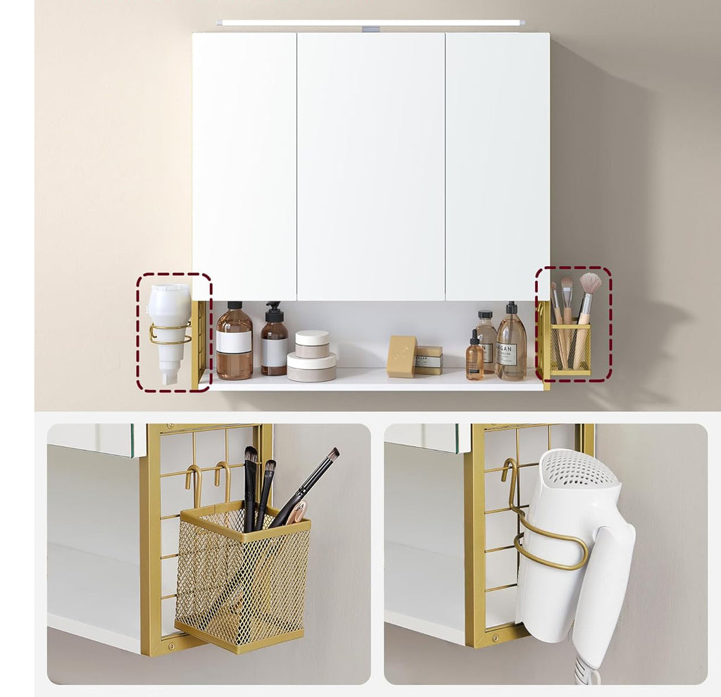 VASAGLE Dulap de baie de perete, 3 usi cu oglinda, compartiment deschis, 15x70x70 cm, alb auriu