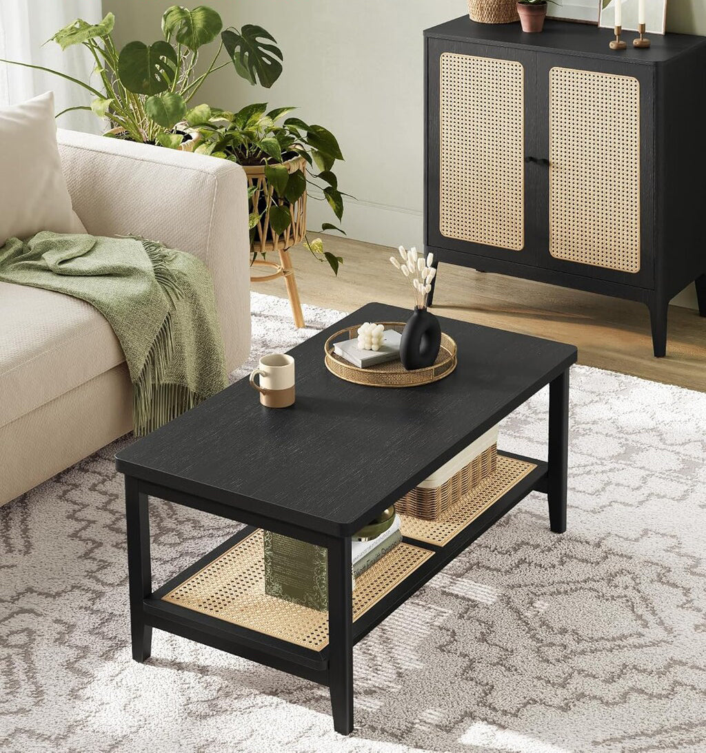 VASAGLE Masuta de cafea, din MDF, cu spatiu de depozitare pe 2 nivele, 55x100x45 cm, negru