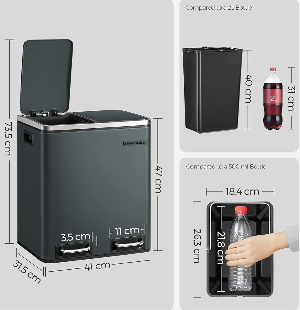 SONGMICS Cos de gunoi din inox cu 2 compartimente colectare selectiva, cu galeti interioare, 2x15litri, gri